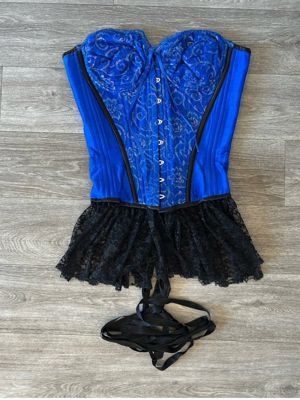 Vintage Y2K Romantasy Corset L/ XL Blue Lace Overbust Bustier D+ Goth Burlesque